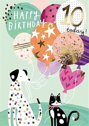 Paper House Geburtstagskarte zum 10. Geburtstag für Mädchen, Dalmatiner-Hund und Katze, mit Luftballons und Folien-Finish, umweltfreundlich und recycelbar von GBCC