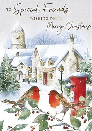 Paper House Weihnachtskarte für besondere Freunde, verschneite Dorfszene mit Rotkehlchen und Folien-Details, umweltfreundlich und recycelbar von GBCC