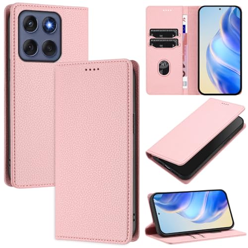 GBWQPLJV Klapphülle mit Ständer, modische Handyhülle, kompatibel mit Motorola Edge 60 Fusion 60Fusion XT2503-4, Diebstahlschutzbürste, Kartenschlitz, einfarbige Handyhülle (Edge 60 Fusion, Rosa) von GBWQPLJV
