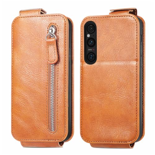 GBWQPLJV Magnetische Klapphülle mit Kartenschlitz, kompatibel mit Sony Xperia 1 5 10 V Xperia10V XQ-DC54, Handyhülle, sturzsicher, einfarbig, KFZ-Halterung (Braun, Xperia 1 V) von GBWQPLJV