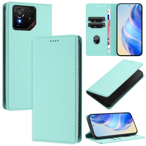 GBWQPLJV Modische magnetische Klapp-Schutzhülle, kompatibel mit Asus ROG Phone 9 Pro ROGPhone9, Lederhülle, Brieftaschen-Clip, Kartenschlitz, Business-Handycover (ROG Phone 9, Mintgrün) von GBWQPLJV