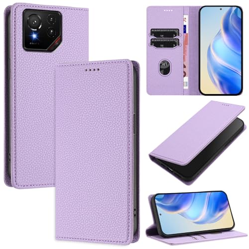GBWQPLJV Modische magnetische Klapp-Schutzhülle, kompatibel mit Asus ROG Phone 9 Pro ROGPhone9, Lederhülle, Brieftaschen-Clip, Kartenschlitz, Business-Handycover (ROG Phone 9, Violett) von GBWQPLJV