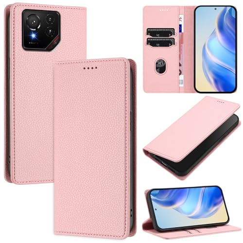 GBWQPLJV Modische magnetische Klapp-Schutzhülle, kompatibel mit Asus ROG Phone 9 Pro ROGPhone9, Lederhülle, Brieftaschen-Clip, Kartenschlitz, Business-Handycover (ROG Phone 9 Pro, Rosa) von GBWQPLJV