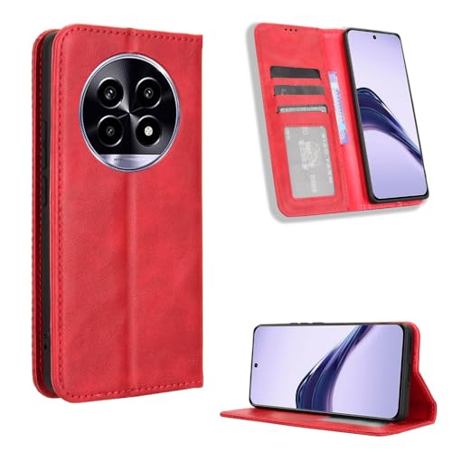 GBWQPLJV Retro-Multifunktions-Business-Lederhülle, kompatibel mit Realme 13 Pro Plus 13Pro+ RMX3921 5G, Magnetklappe, Kartenfächer, Anti-Fall, Handyschale (Realme 13 Pro 5G, Rot) von GBWQPLJV