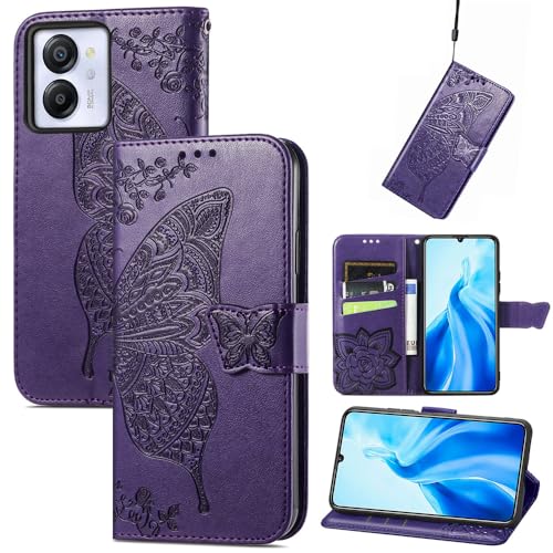 GBWQPLJV Schutzhülle für Blackview Color 8 Color8, Leder, geprägt, mit Schmetterlings-Prägung, Kartenfächer, Ständer, Handyschale (Blackview Farbe 8, Violett) von GBWQPLJV