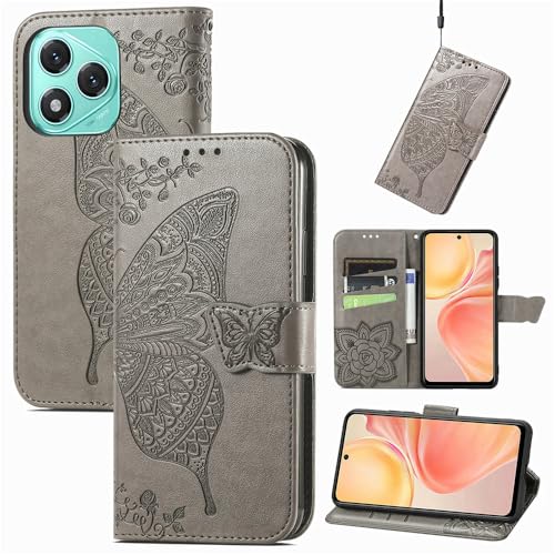 GBWQPLJV Schutzhülle für Honor 400 Lite 400Lite ABR-NX1, Retro-Schmetterling-Prägung, Kartenfächer, Ständer, stoßfeste Handyhülle (Honor 400 Lite, Grau) von GBWQPLJV