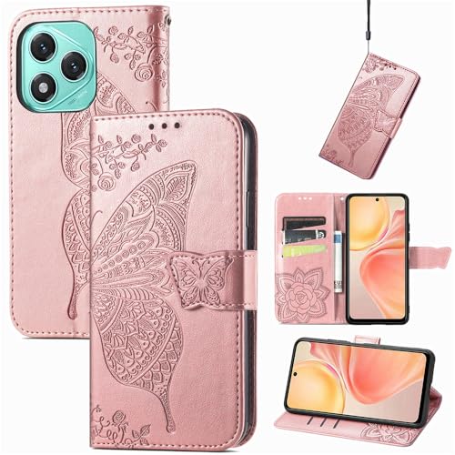 GBWQPLJV Schutzhülle für Honor 400 Lite 400Lite ABR-NX1, Retro-Schmetterling-Prägung, Klappetui, Kartenfächer, Ständer, stoßfeste Handyhülle (Honor 400 Lite, Roségold) von GBWQPLJV