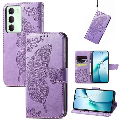 GBWQPLJV Schutzhülle mit geprägtem Schmetterling, niedlich, hübsch, kompatibel mit Realme 14x Realme14x RMX5020, Handyhülle, Klappetui, Kartenfächer, Brieftaschen-Clip, Schutzhülle (Realme 14x, Lila) von GBWQPLJV