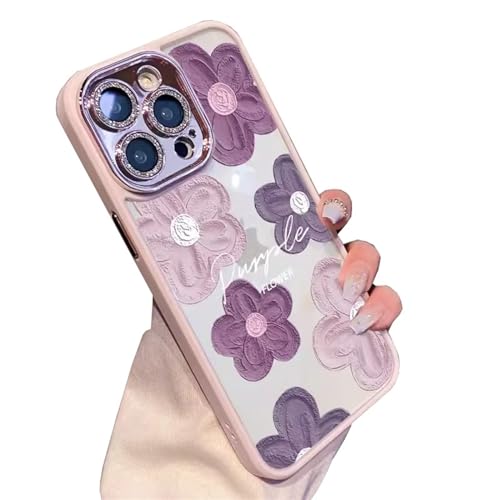 GBZHMCASE Ölgemälde Blume weibliche Handyhülle for iPhone 15 16 Pro Max, kompatibel mit iPhone 13 14 Pro, mit funkelndem Linsenschutz(Pink,13 Pro) von GBZHMCASE