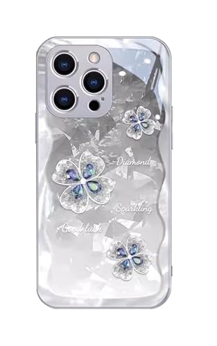 GBZHMCASE Strass-Kleeblatt-Handyhülle for iPhone 15 16 Pro Max, kompatibel mit iPhone 13 14 Pro(Silver,16 Plus) von GBZHMCASE