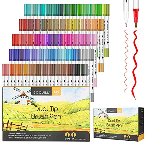 GC QUILL Filzstifte set -120 Farben Pinselstifte mit Filz und Fineliner Spitzen-Fasermaler zum Färben, Zeichnen, Schrieben, Kalligraphie GC-120W von GC QUILL