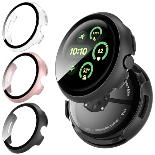 GCVSE 3 Stück Schutzhülle Kompatibel für Pixel Watch 3 Case 41mm, 360° Omni-Directional PC Case + Screen Protector, Ultradünne Anti Staub Anti Kratz Schutzhülle (Schwarz, Rosengold, Durchsichtig) von GCVSE