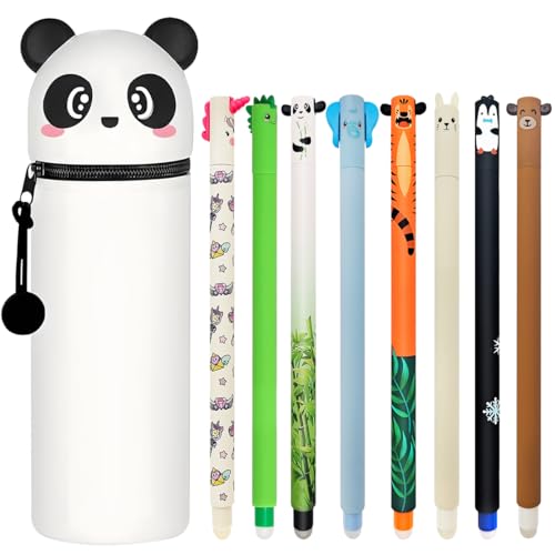 GDFJBG 2-in-1 Kawaii Silikon Federmäppchen + 8 Radierbare Gelschreiber Set - Pnada Design, Weiche Stiftetasche mit Reißverschluss & Hitzeempfindliche Stifte - 0,7 mm von GDFJBG