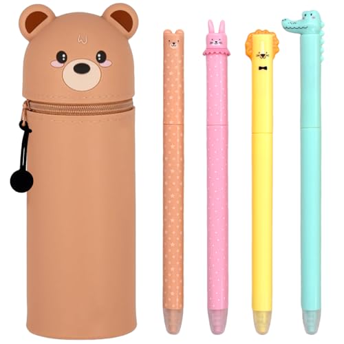 GDFJBG Kawaii 2-in-1 Schulmäppchen aus weichem Silikon + 4 Gelschreiber Set, Teddy,Radierbarer Gelschreiber, Kugel am Ende zum Entfernen der Tinte ohne das Blatt zu verbrauchen - 0,7 mm von GDFJBG