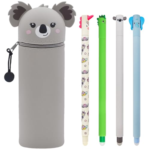 GDFJBG Kawaii 2-in-1 Schulmäppchen aus weichem Silikon + 4 Radierbare Gelschreiber Set, Kawaii Koala, Kugel am Ende zum Entfernen der Tinte ohne das Blatt zu verbrauchen - 0,7 mm von GDFJBG
