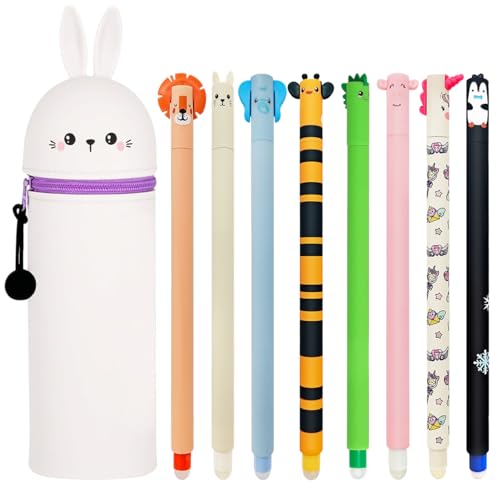 GDFJBG Kawaii 2-in-1 Schulmäppchen aus weichem Silikon + 8 Radierbare Gelschreiber Set,Weißes Kaninchen, Kugel am Ende zum Entfernen der Tinte ohne das Blatt zu verbrauchen - 0,7 mm GDFJBG Kawaii 2-in-1 Schulmäppchen aus weichem Silikon + 8 Radierbare Gelschreiber Set,Weißes Kaninchen, Kugel am Ende zum Entfernen der Tinte ohne das Blatt zu verbrauchen - 0,7 mm von GDFJBG