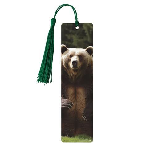 Hi Bear Sit On The Lawn Wooden Bookmarks Handmade Double-Sided Printed Book Marks Page Markers with Dark Green Tassels Book Accessories Gift for Book Lovers Women Men von GDSHJKLW