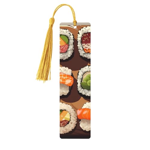 Many Sushi Food Wooden Bookmarks Handmade Double-Sided Printed Book Marks Page Markers with Gold Tassels Book Accessories Gift for Book Lovers Women Men von GDSHJKLW