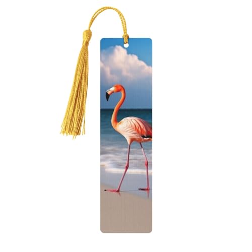 Pink Flamingo Walking On The Beach Wooden Bookmarks Handmade Double Sided Printed Book Marks Page Markers with Gold Tassels Book Accessories Gift for Book Lovers Women Men von GDSHJKLW