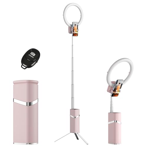 LED Ringlicht mit Stativ, 10 Zoll Dimmbare Ringleuchte, Kabelloses Faltbar Ringlampe mit Stativständer & Handyhalter für Smartphone Video/Makeup/Live Streaming/Selfie/TikTok/YouTube (Rosa) von GDWD