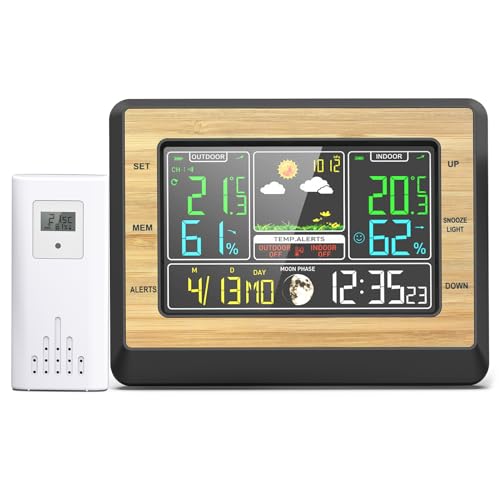Wetterstation Funk mit Außensensor, Digital Farbdisplay Funkuhr Innen und Außen Thermometer Hygrometer, Funkwetterstation mit Wettervorhersage Barometer Mondphase Wecker, Batterie/Netz Betrieb von GDWD