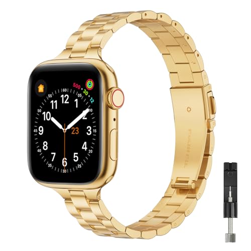 GEARYOU Metall Armband Kompatibel mit Apple Watch Armband 40mm 38mm 41mm 44mm 42mm 45mm, Slim Edelstahlarmband Kompatibel mit iWatch Serie 9/8/7/6/5/4/3/2/1, SE (38mm 40mm 41mm Golden) von GEARYOU