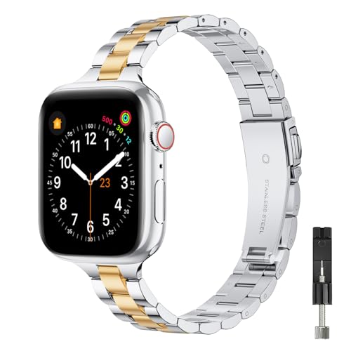 GEARYOU Metall Armband Kompatibel mit Apple Watch Armband 40 mm 38 mm 41mm 44 mm 42 mm 45mm, Slim Edelstahlarmband Kompatibel mit iWatch Serie 9/8/7/6/5/4/3/2/1, SE(38mm 40mm 41mm, Silber/Golden) von GEARYOU