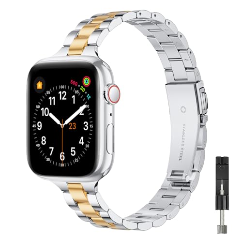GEARYOU Metall Armband Kompatibel mit Apple Watch Armband 40mm 38mm 41mm 42mm (Series 10),Slim Edelstahlarmband Kompatibel mit iWatch Serie 10/9/8/7/6/5/4/3/2/1, SE (38mm 40mm 41mm, Silber/Golden) von GEARYOU
