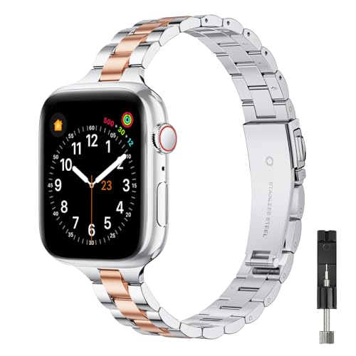 GEARYOU Metall Armband Kompatibel mit Apple Watch Armband 40mm 38mm 41mm 44mm 42mm 45mm, Slim Edelstahlarmband Kompatibel mit iWatch Serie 9/8/7/6/5/4/3/2/1, SE (38mm 40mm 41mm Silber/Rosegold) von GEARYOU