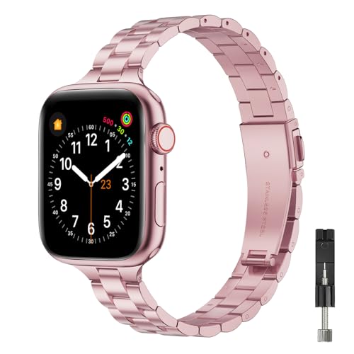 GEARYOU Metall Armband Kompatibel mit Apple Watch Armband 41mm 40mm 38 mm 45mm 44mm 42mm, Slim Edelstahlarmband Kompatibel mit iWatch Serie 9/8/7/6/5/4/3/2/1, SE (42mm 44mm 45mm,Rosa) von GEARYOU