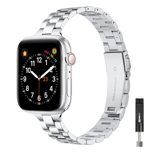 GEARYOU Metall Armband Kompatibel mit Apple Watch Armband 44mm 42mm 45mm 40mm 38mm 41mm, Slim Edelstahlarmband Kompatibel mit iWatch Serie 9/8/7/6/5/4/3/2/1, SE (42mm 44mm 45mm Silber) von GEARYOU