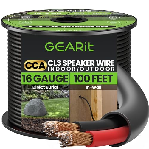 GEARit Lautsprecherkabel (16/2), 30 m, 16 Gauge (Kupferummanteltes Aluminium), für den Außenbereich, direkte Erdung/in der Wand, CL3, CL2, 2 Leiter, CCA, Schwarz, 30,5 m von GEARit