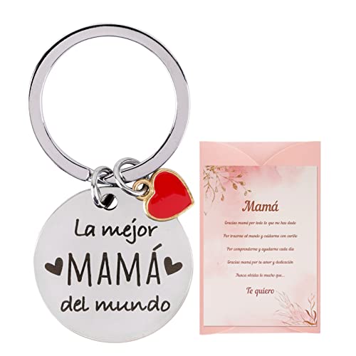 GEBETTER Spanisch 1* Schlüsselanhänger für Mutter + 1*Grußkarte + 1*Umschlag mit Gravur La mejor mamá del mundo Geschenk Mama Anhänger Schlüssel Muttertag von GEBETTER