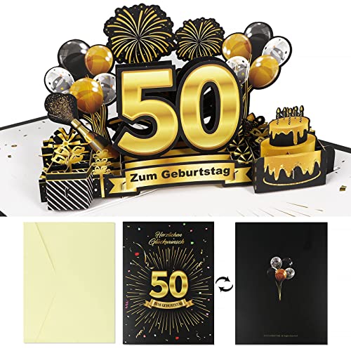 Pop Up Geburtstagskarte zum 50. mit Umschlag 3D Grußkarten 50 Geburtstag Karte Geburtstagskarten für Frauen Mütter Mädchen Männer Kinder Freunde Geschenk (Schwarz - Gold, zum 50. Geburtstag) von GEBETTER