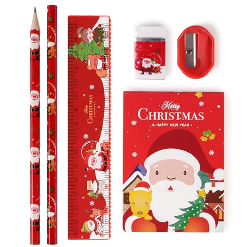 Weihnachten Schreibwaren Set (6 Stk) 2* Bleistifte + 1* Radiergummi+ 1* Anspitzer + 1* Lineal + 1* kleinen Notizen Holzstifte Geschenkset für Kinder Party Kindergeburtstag Mitgebsel Geschenk (Rot) von GEBETTER