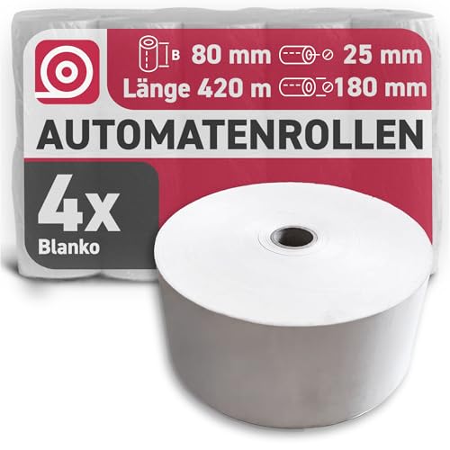 GEBONGT24 Thermorollen 80 mm x 420 m x 25 mm, BPA-frei, 4 Bonrollen mit 55 g/m², langlebig & FSC-zertifiziert mit ∅ 180 mm– Extra lange Automatenrollen für Verkaufsautomaten, Kiosk-Drucker GEBONGT24 Thermorollen 80 mm x 420 m x 25 mm, BPA-frei, 4 Bonrollen mit 55 g/m², langlebig & FSC-zertifiziert mit ∅ 180 mm– Extra lange Automatenrollen für Verkaufsautomaten, Kiosk-Drucker von GEBONGT24