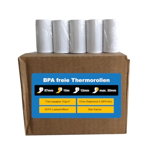 Gebongt24 100x Thermorollen BPA frei | Maße 57mm x 30mm x 12mm | Flächengewicht 55g/m² Papier, 10m lang | Kern-Ø 12 mm | mit SEPA-Lastschrifttext als Rückseitendruck | FSC zertifiziert von GEBONGT24