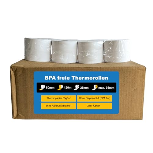 Gebongt24 24x Thermorollen BPA frei | Maße 80mm x 95mm x 25mm | Flächengewicht 55g/m² Papier, 120m lang | Kern-Ø 25 mm | blanko, ohne Rückseitendruck in weiß | FSC zertifiziert von GEBONGT24