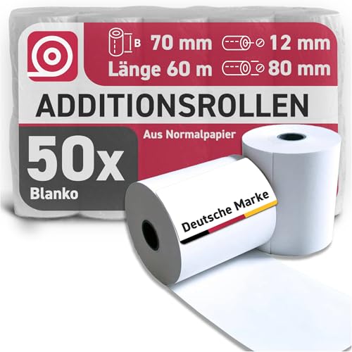 Gebongt24 Additionsrolle 70 mm x 60 m x 12 mm – holzfreies Normalpapier – 50 Kassenrollen mit ca. 80 mm Rollendurchmesser – ideal für Apotheken & Nadeldrucker passend für EPSON & Co. von GEBONGT24
