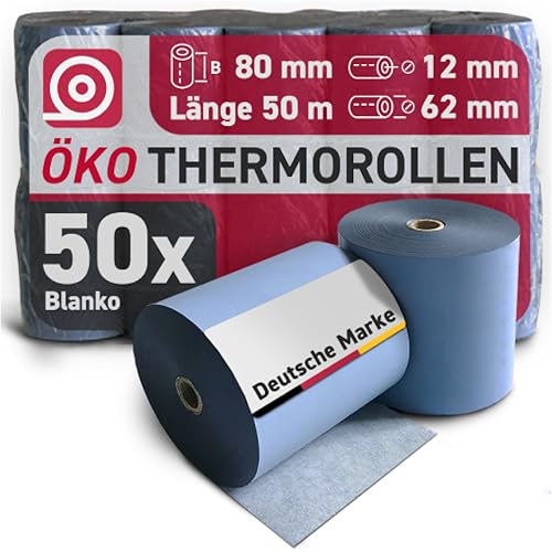 Gebongt24 Blue4est® Öko Thermorolle 80 mm x 50 m x 12 mm - umweltfreundliches Thermopapier 48g/m² - 50 Kassenrollen mit ca. 57 mm Rollendurchmesser – Ökobon für EC-Cash und Kassenbondrucker von GEBONGT24