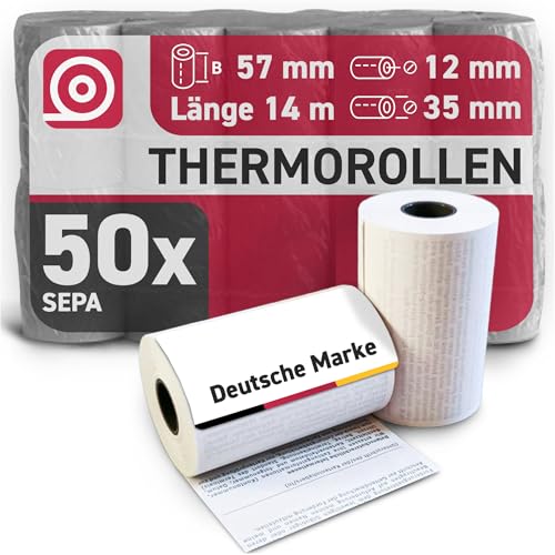 Gebongt24 Thermorollen 57 mm x 14m x 12 mm mit 48g/m² – SEPA-Lastschrifttext auf der Rückseite – 50 Kassenrollen mit ⌀ 34 mm – für EC-Cash & Kassenbondrucker Gebongt24 Thermorollen 57 mm x 14m x 12 mm mit 48g/m² – SEPA-Lastschrifttext auf der Rückseite – 50 Kassenrollen mit ⌀ 34 mm – für EC-Cash & Kassenbondrucker von GEBONGT24