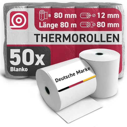 Gebongt24 phenolfreie Thermorollen 80 mm x 80 m x 12 mm – Bonrollen aus 55 g/m² Thermopapier – 50 Kassenrollen mit ⌀ 80 mm – für EC-Cash & Kassendrucker von GEBONGT24