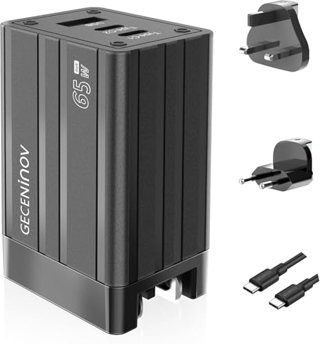 65W USB C Ladegerät, GaN III PD USB C Netzteil 3 Ports Schnellladegerät, Universal Reisestecker für US/UK/EU Stecker mit MacBook Pro/Air,iPhone 14/13/12, iPad,Galaxy,Pixel Ersetzen für 65W 60W 45W 30W von GECENinov