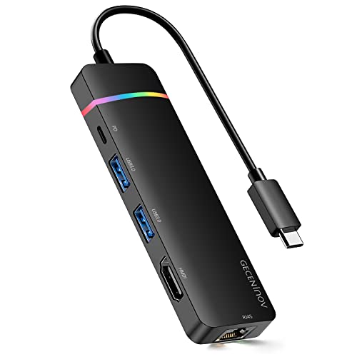 USB C hub Ethernet Adapter mit RGB Backlit, 5 in 1 USB C HDMI MacBook Adapter mit Ethernet LAN, 4K HDMI, 2 USB 3.0, 100W PD für MacBook Pro/Air, iPad Pro/Air, Galaxy S22/S21, und andere Typ C Geräte von GECENinov