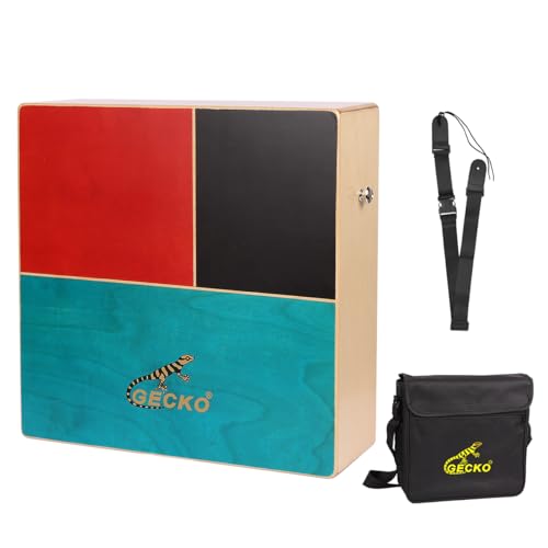 GECKO Cajon, Cajon Drum, Portable Cajon - Doppelseitiges Design | Eine Seite mit Triple Bongo Tönen, One Side Guitar String Cajon Sound | Hand oder Brush Play | Aus Birke und Walnuss | Inklusive von GECKO