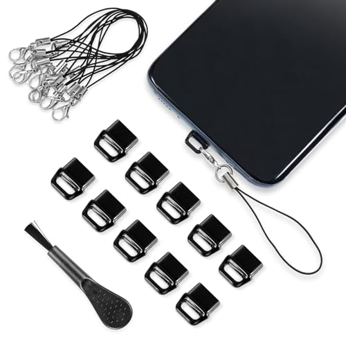 GEEHUA 10 Stück USB C Staubstecker Abdeckung, Typ C Anti Staub Stecker Staubschutz Abdeckung Schutzkappe mit 10 Stück Lanyard Telefonringband für Mobiltelefone und Reinigungsbürste (Schwarz) von GEEHUA