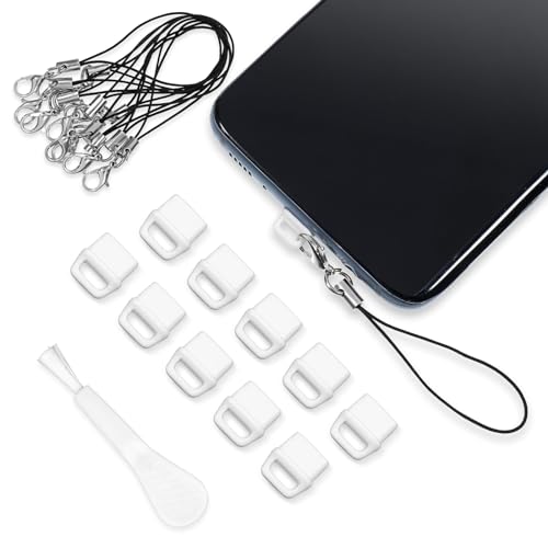 GEEHUA 10 Stück USB C Staubstecker Abdeckung, Typ C Anti Staub Stecker Staubschutz Abdeckung Schutzkappe mit 10 Stück Lanyard Telefonringband für Mobiltelefone und Reinigungsbürste (Weiß) von GEEHUA