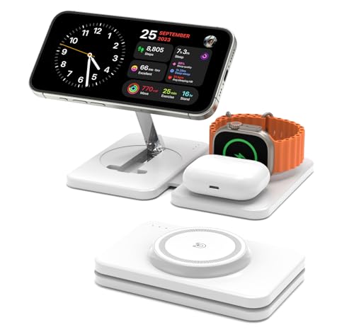 GEEKERA Ladegerät mit Magsafe, 3 in 1 Ladestation für Apple Watch und iPhone 15/14/13/12/Pro Max, Induktive Ladegerät für iWatch 2-Ultra, Faltbare Wireless Charger Stand für AirPods-Elfenbeinweiß von GEEKERA