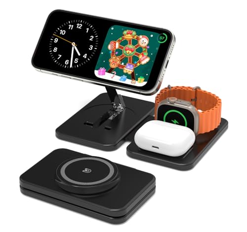 GEEKERA Ladegerät mit Magsafe, 3 in 1 Ladestation für Apple Watch und iPhone 15/14/13/12/Pro Max, Induktive Ladegerät für iWatch 2-Ultra, Faltbare Wireless Charger Stand für AirPods-Carbon Schwarz von GEEKERA