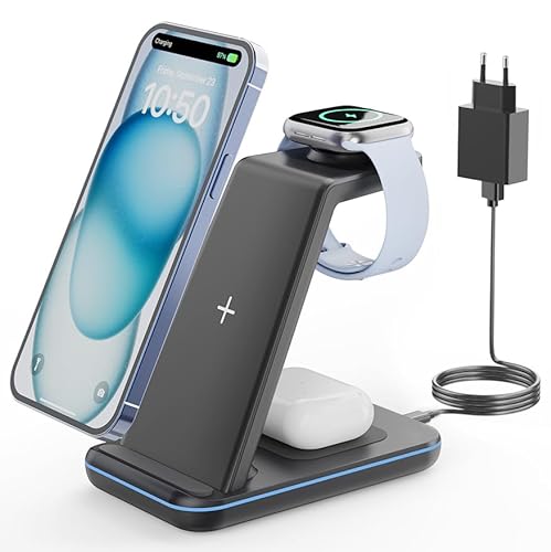 GEEKERA Wireless Charger, 3 in 1 Induktive Ladestation für iPhone 15/14/13/12/11/Pro Max/XS/XR/X/8, Ladestation für Apple Watch Ultra/9/8/6/5/4/3/2/SE, Kabelloses Ladegerät für AirPods Pro/3/2-Schwarz von GEEKERA